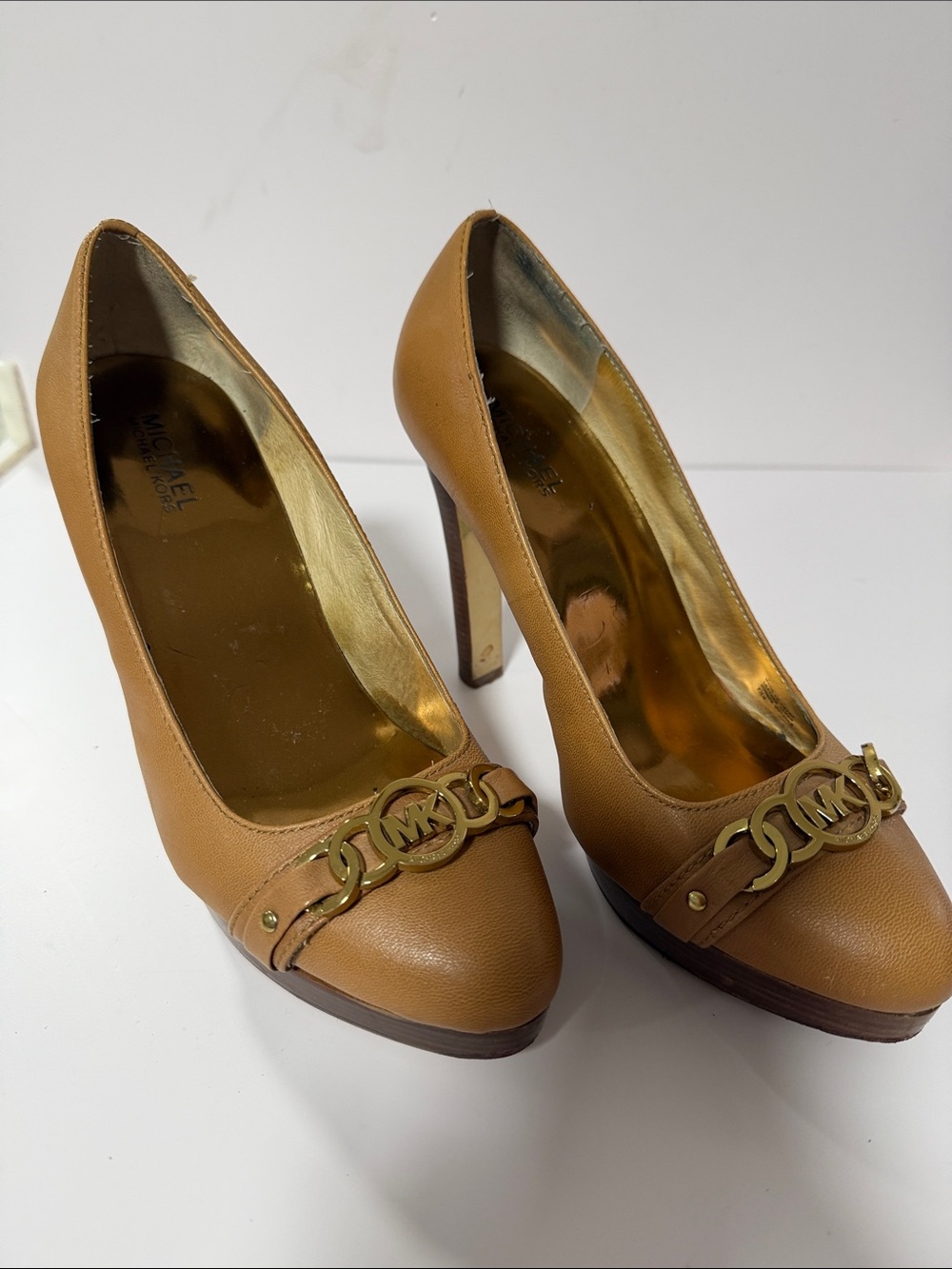 Michael Kors Camel Tan Leather Platform Pumps with Gold MK Emblem